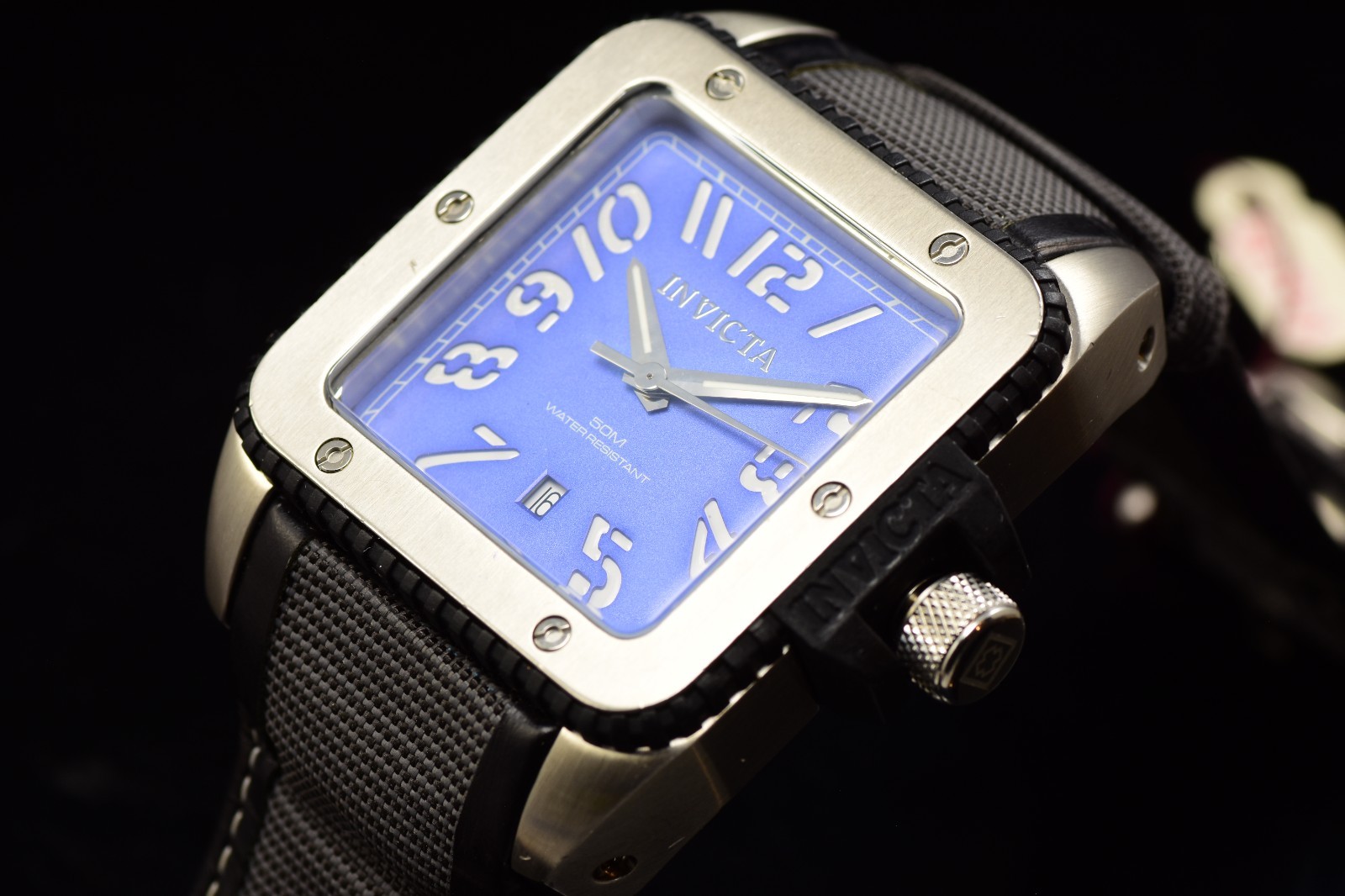 RARE Invicta Cuadro 43mm Blue Sunray Dial Quartz Black Leather Band Men’s Watch