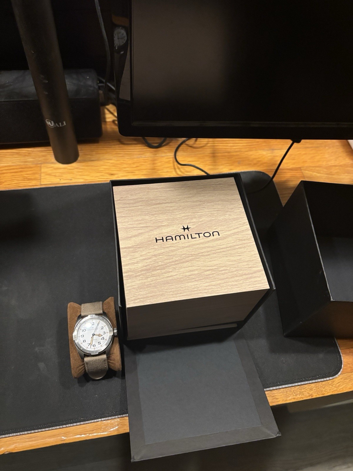 Hamilton Khaki Field expedition 37mm Automatic White Dial Beige Strap Box Papers