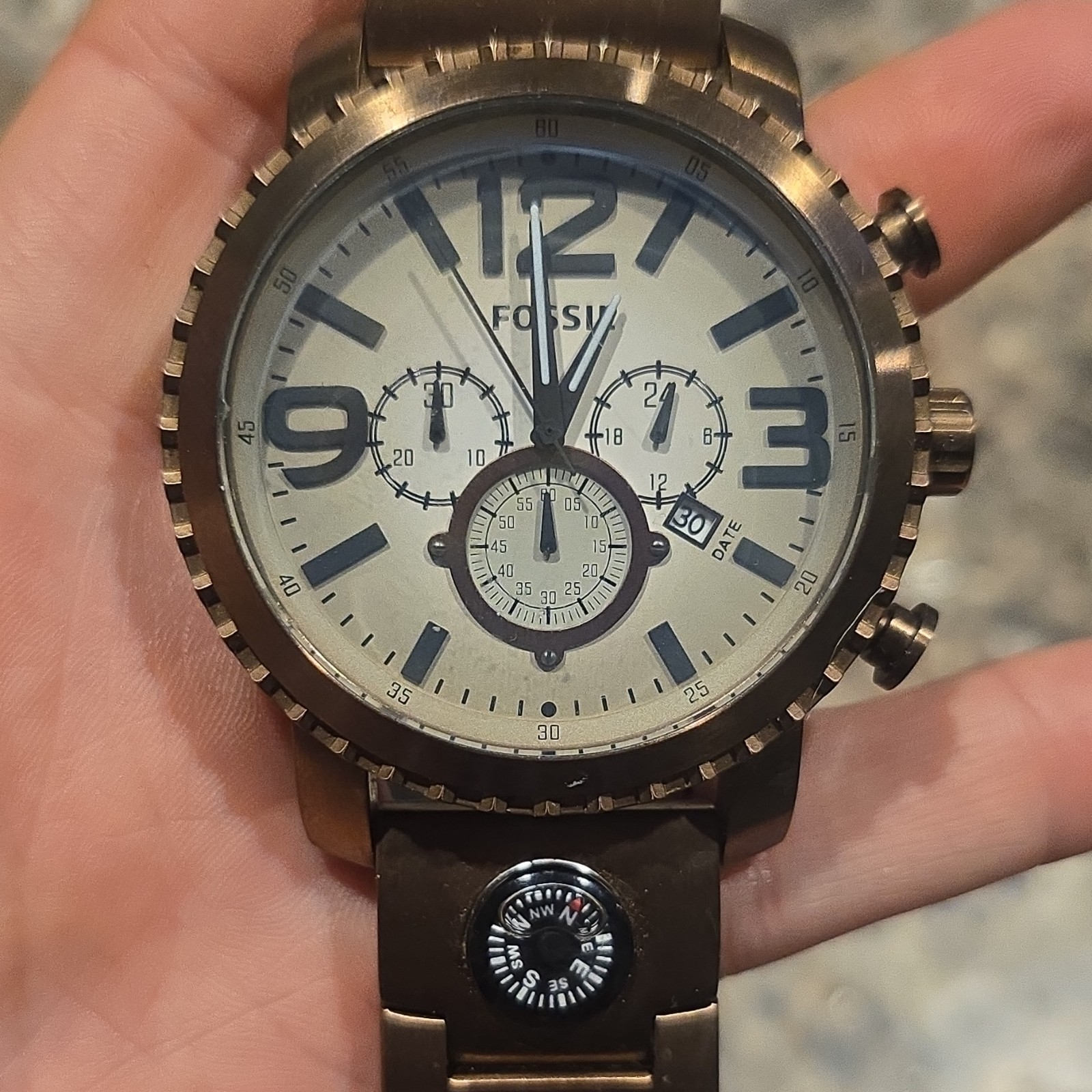 Fossil Chronograph Quartz Wristwatch Compass Stainless Steel Bronze Silver Dial
