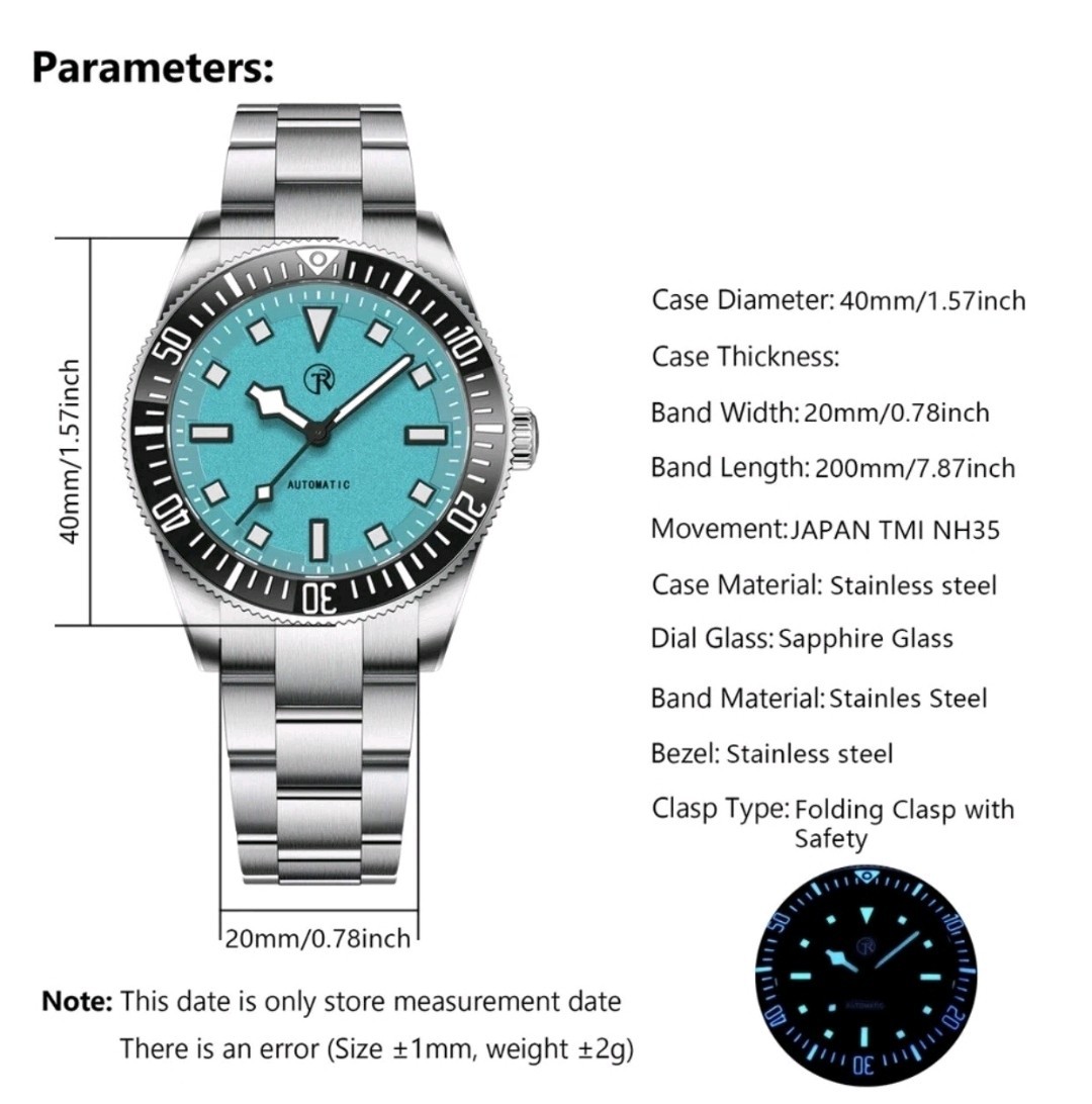 RollsTimi Men’s Watch NH35 automatic, sapphire glass,Sky Blue, GLIDE LOCK CLASP!