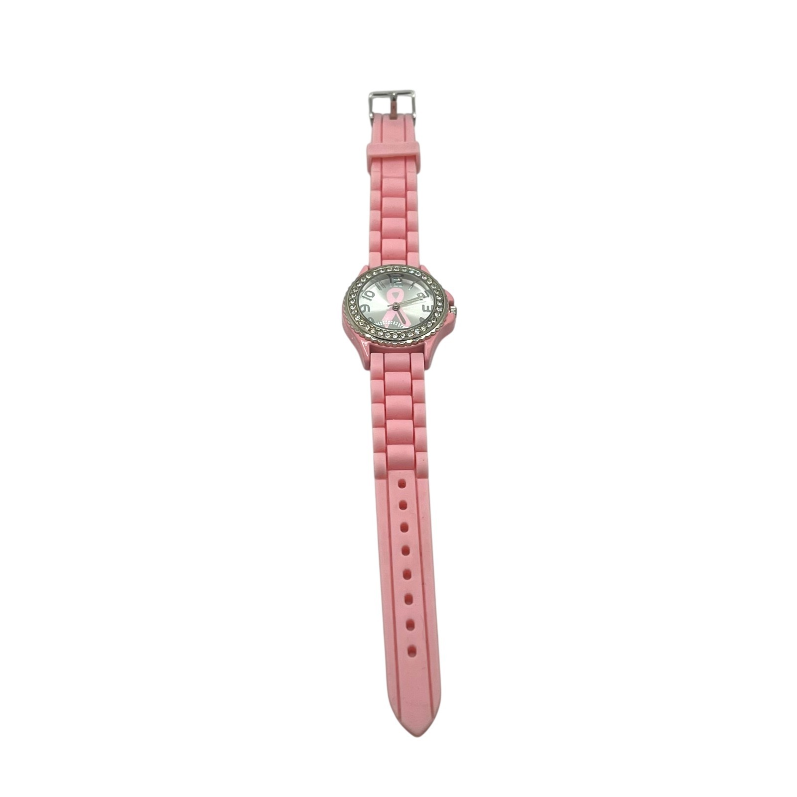 Geneva Breast Cancer Awareness Pink Ribbon Silver-Tone Rhinestone Analog Watch