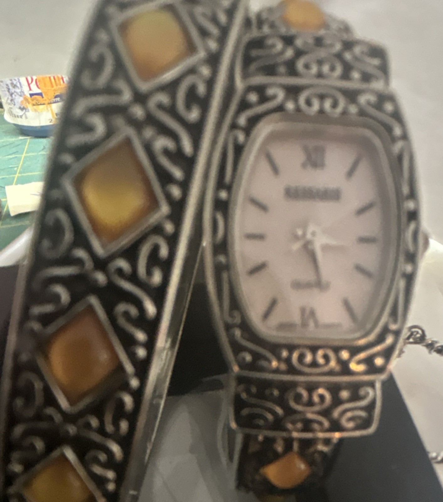 Vintage Women’s Silver Tone Bangle Quartz Analog Rectangle Watch Orange Accents