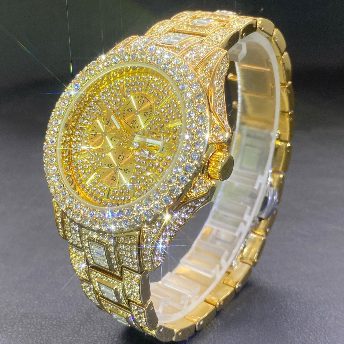 Luxury Iced Out Quartz Watch – Silver & Gold CZ Diamond Hip Hop Timepiece