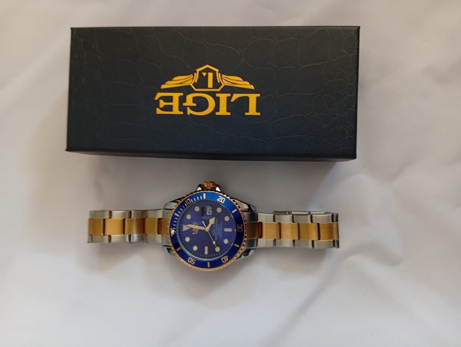 LIGE Men Quartz Watch Two Tone Gold Silver Stainless Steel Band Luxury Blue Dial