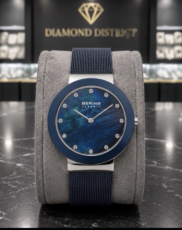 BERING Ceramic Blue MOP Dial Diamond Markers Mesh Band Quartz