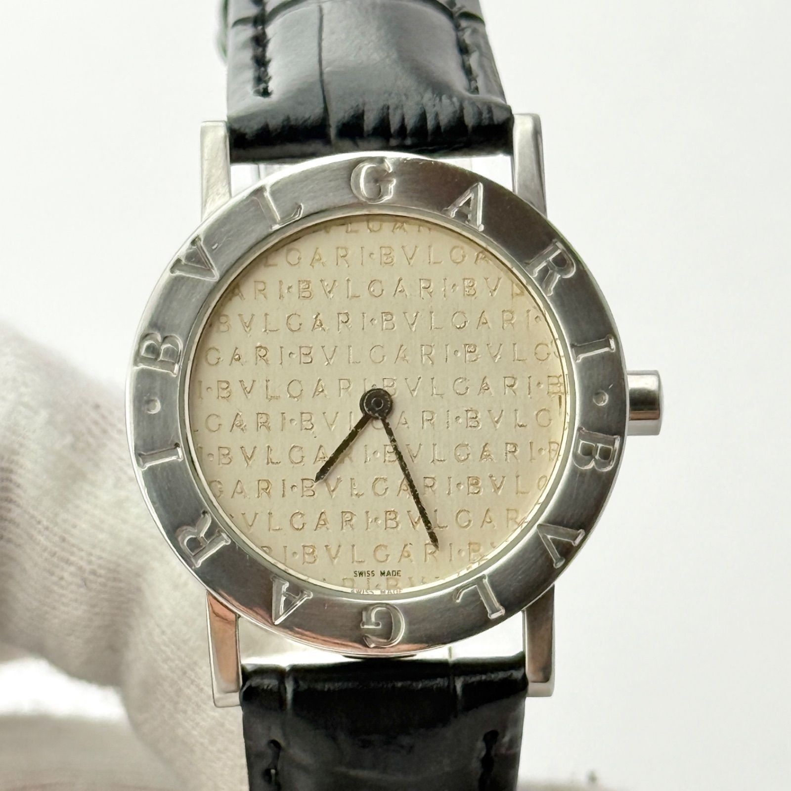 BVLGARI BB30SLD Ladies Watch Ivory Dial New Black Strap Battery Rare 30mm