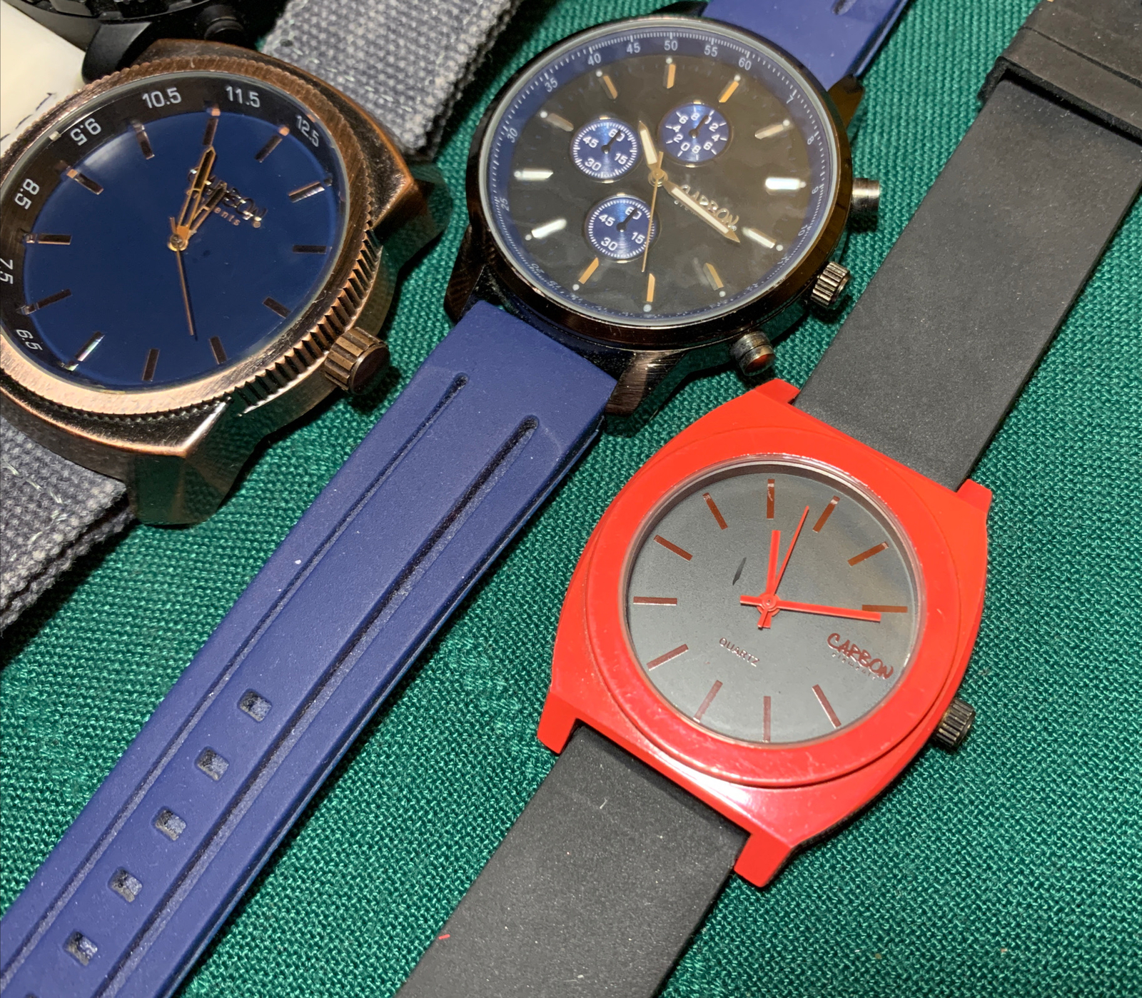 4 Vtg Carbon ELEMENTS Rose Gold Black Blue Red Mens Stopwatch Sports Watch Lot