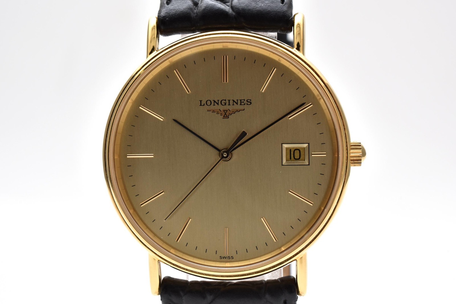 Vintage[Near MINT] LONGINES L4.720.2 Gold Dial Black New Batt Date Qz Mens JAPAN