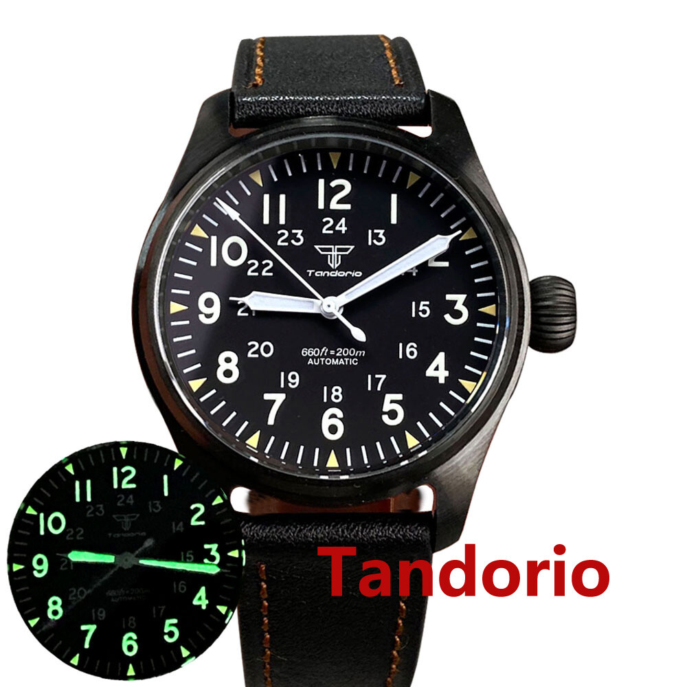 Tandorio 39mm 20ATM NH35A PT5000Sapphire Glass Black PVD Pilot Diving Men Watch