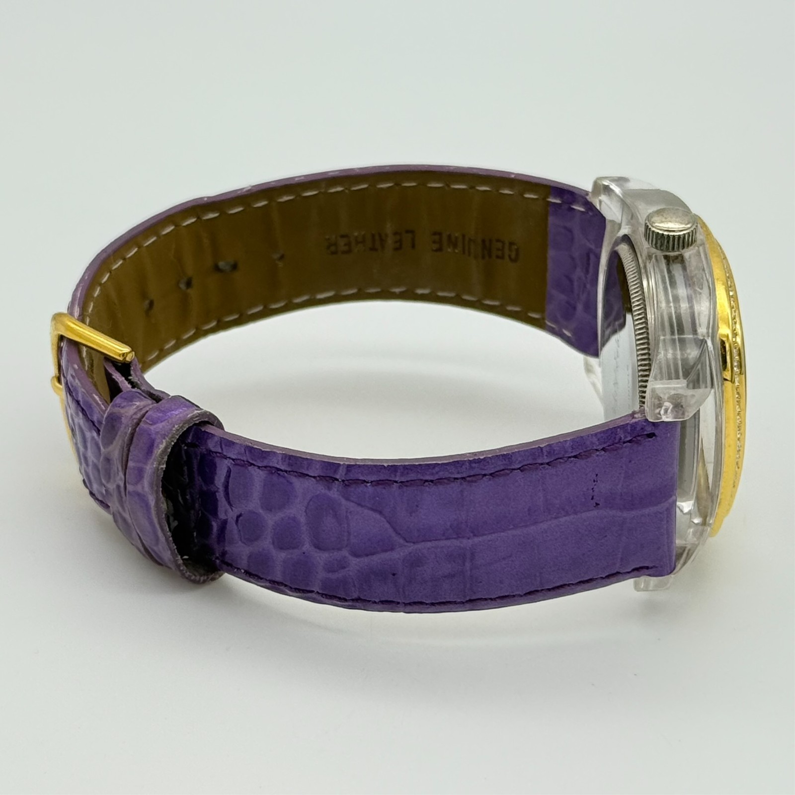 Women’s JOAN RIVERS Clear & Gold Tone 38mm Analog Watch, Purple Leather Band
