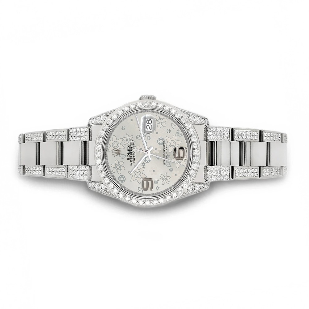 Rolex Datejust 36mm Silver Floral Dial Custom 5.9ct Diamond Bezel/Lugs/Bracelet