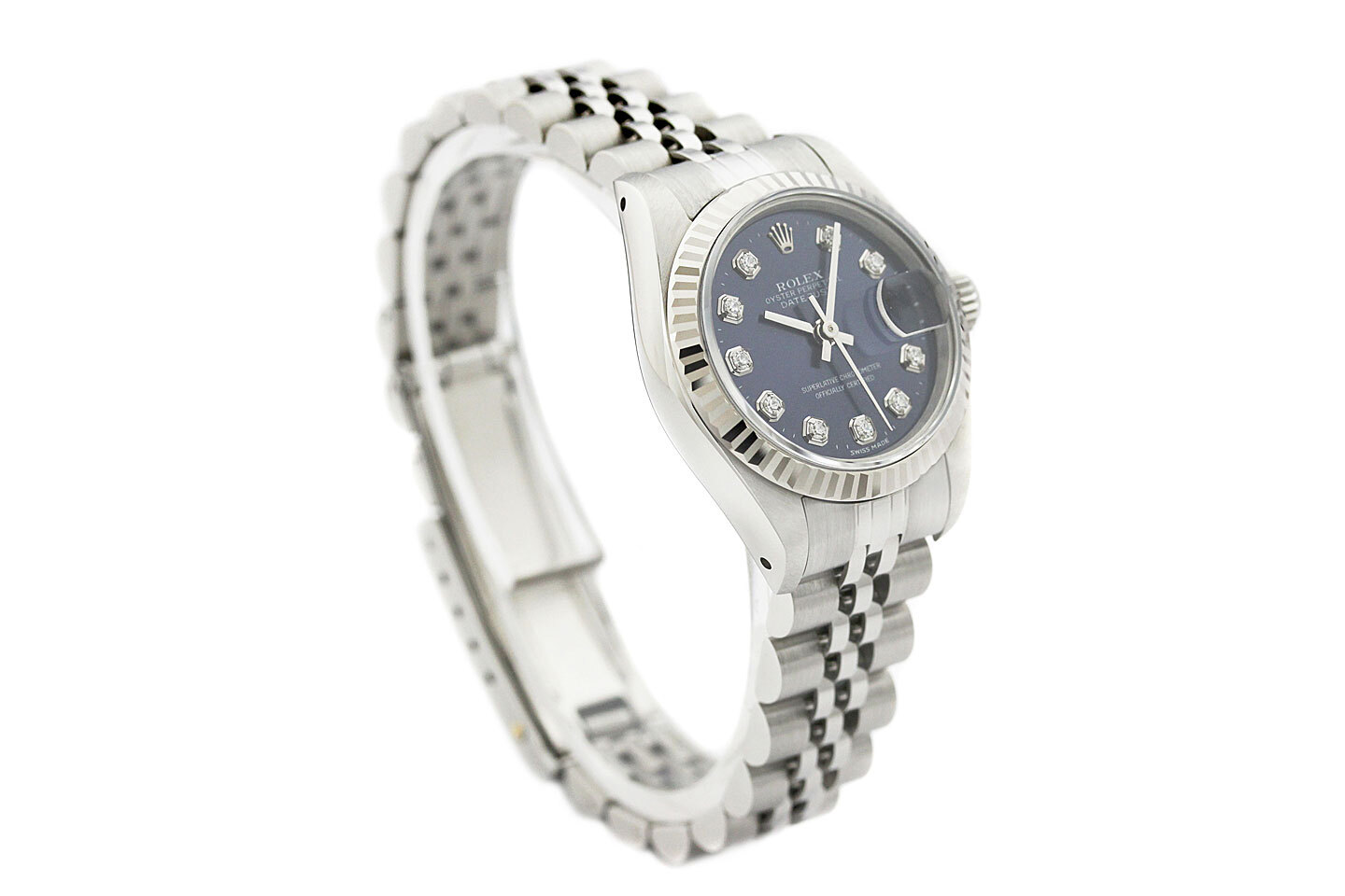 Rolex Ladies Datejust 69174 18K White Gold & Steel Blue Diamond Dial Watch
