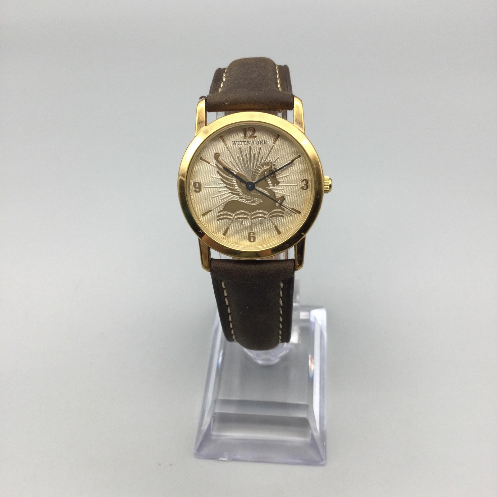 Wittnauer Womens Watch 30mm Gold Tone Pegasus Dial Brown Leather New Battery