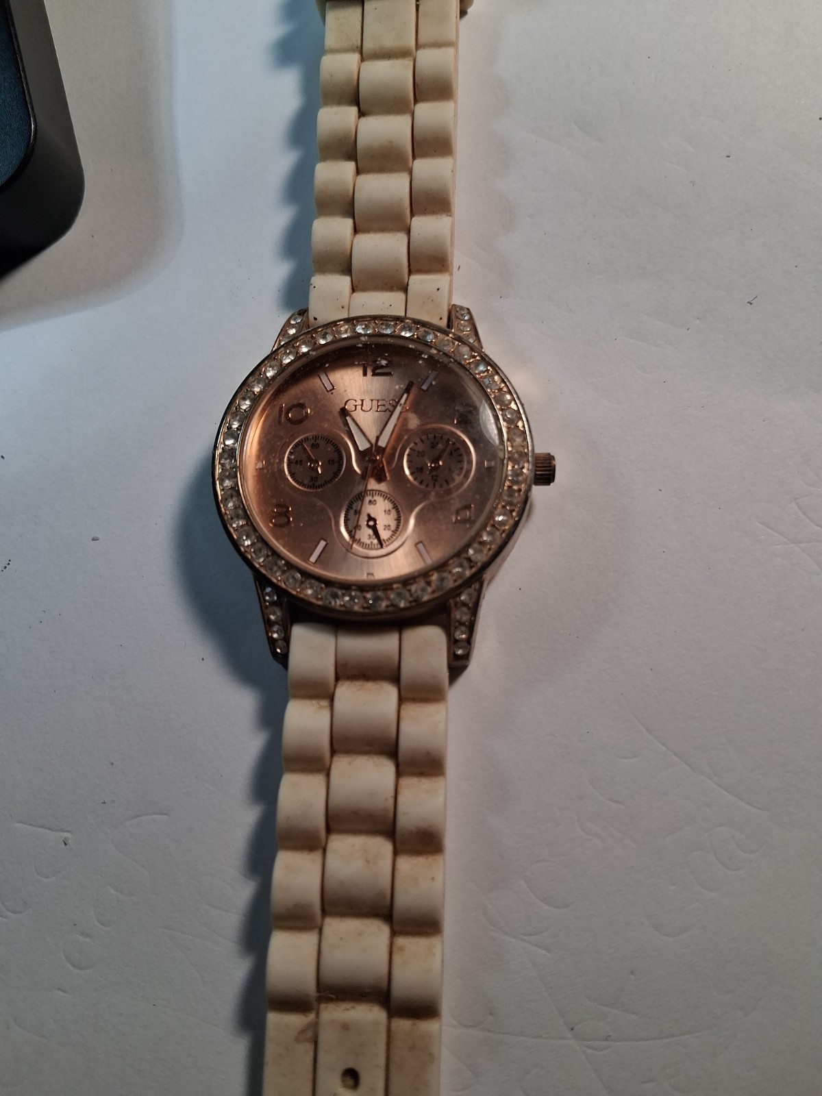 Guess women brown dial watch beige strap Rose gold tone case W0579l2/U0579L2