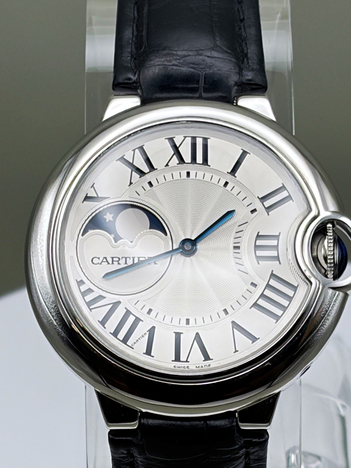 Cartier Ballon Bleu Moon Phase Automatic Swiss Steel Silver Dial Black Strap