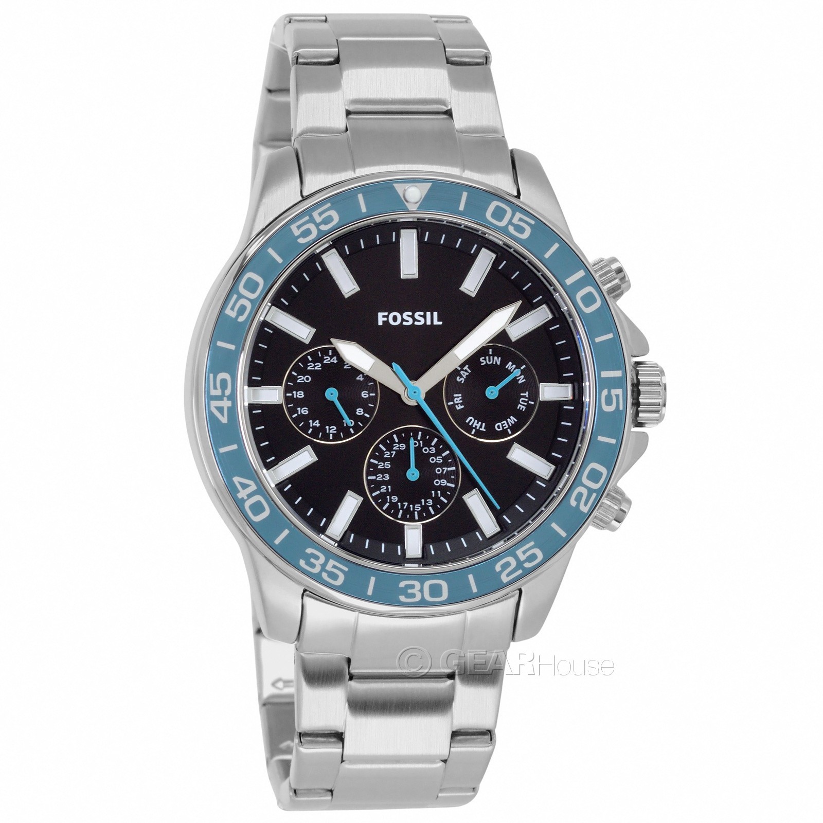 FOSSIL Bannon Mens Multifunction Watch, Black Blue Dial, Stainless Steel Band