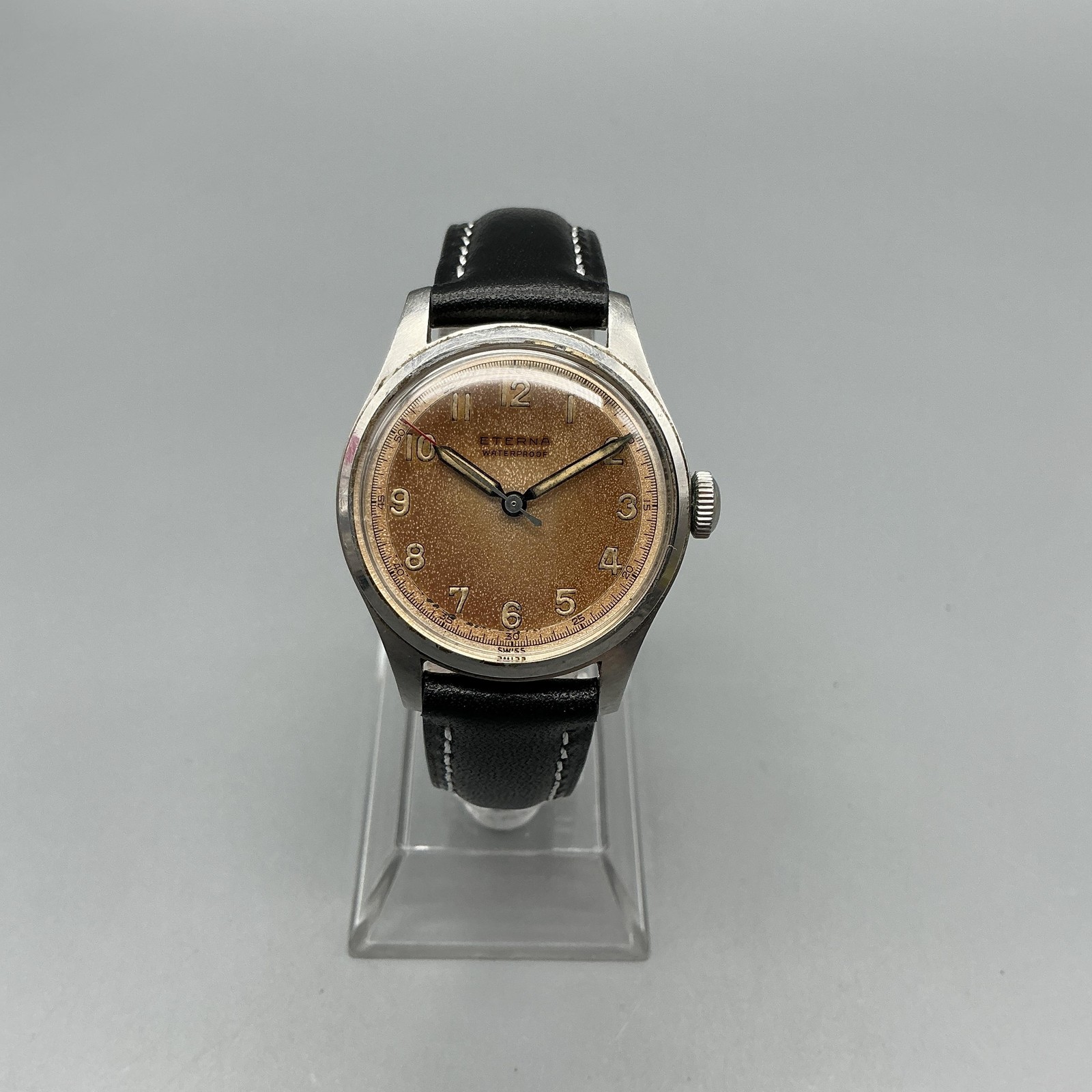 Vintage Eterna Mens Watch 30mm Patina Dial Stainless Black Leather Manual Wind