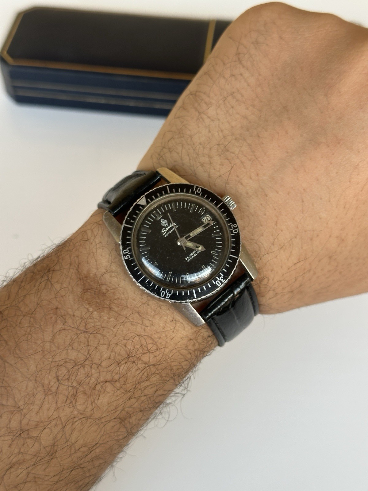 Rare Vintage Sandoz Automatic Skin Diver Watch 25 Jewels 37mm Boxed Black Date
