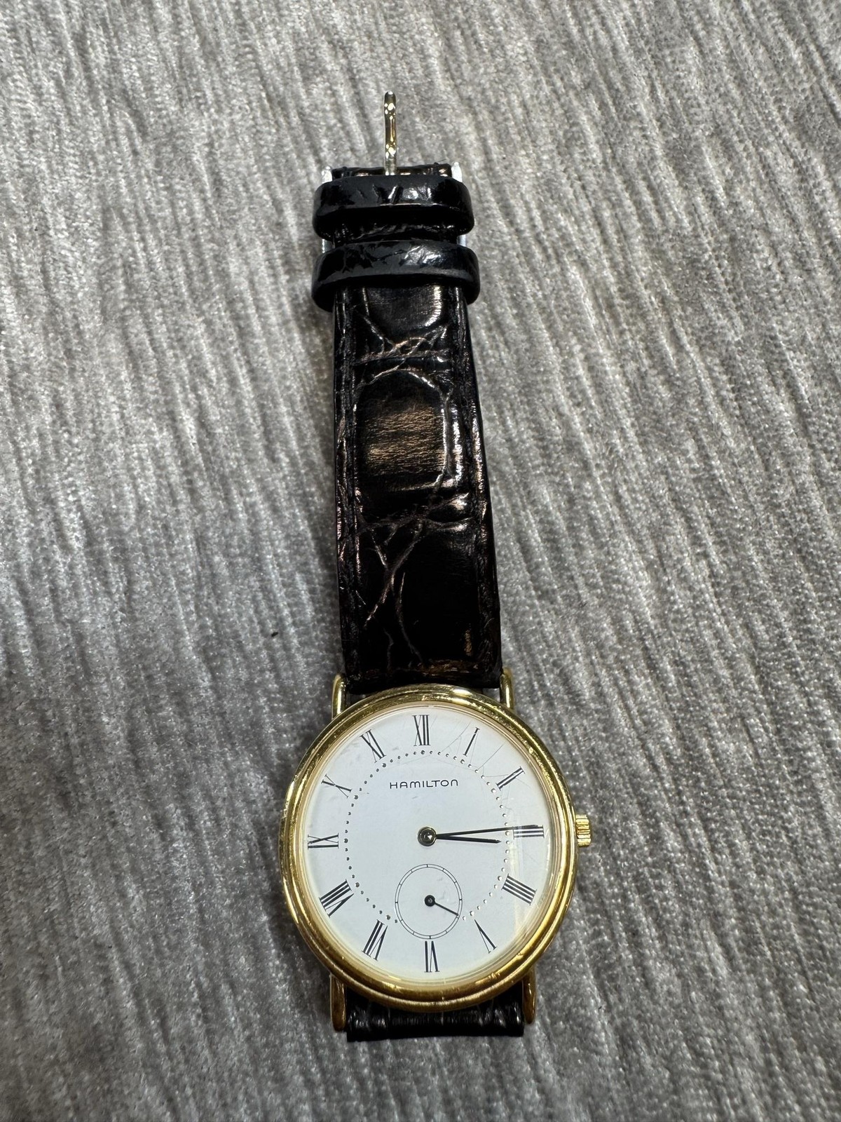 Vintage Hamilton Registered Mens Watch White Dial Gold 6210 Black Leather Formal