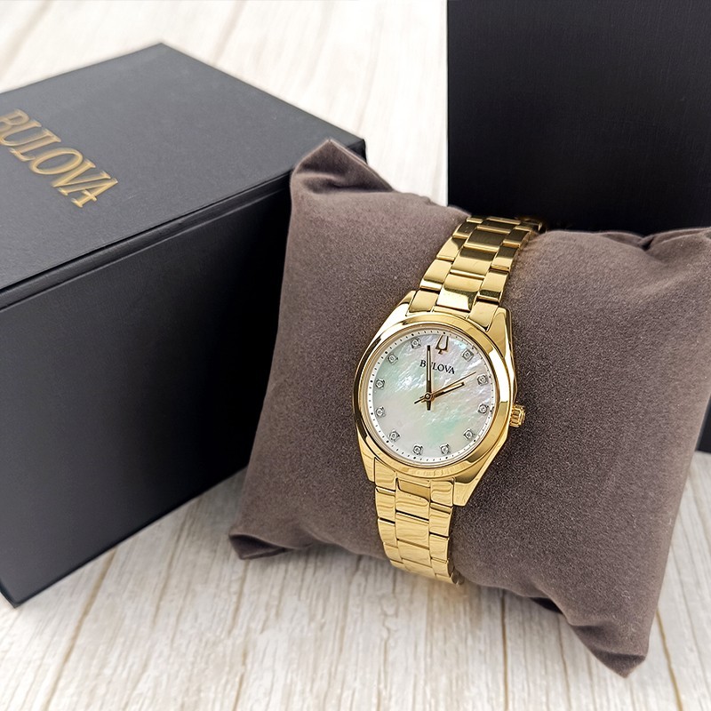 Bulova Surveyor 97P172 Gold/White Dial Women Quartz Diamonds Watch 31mm
