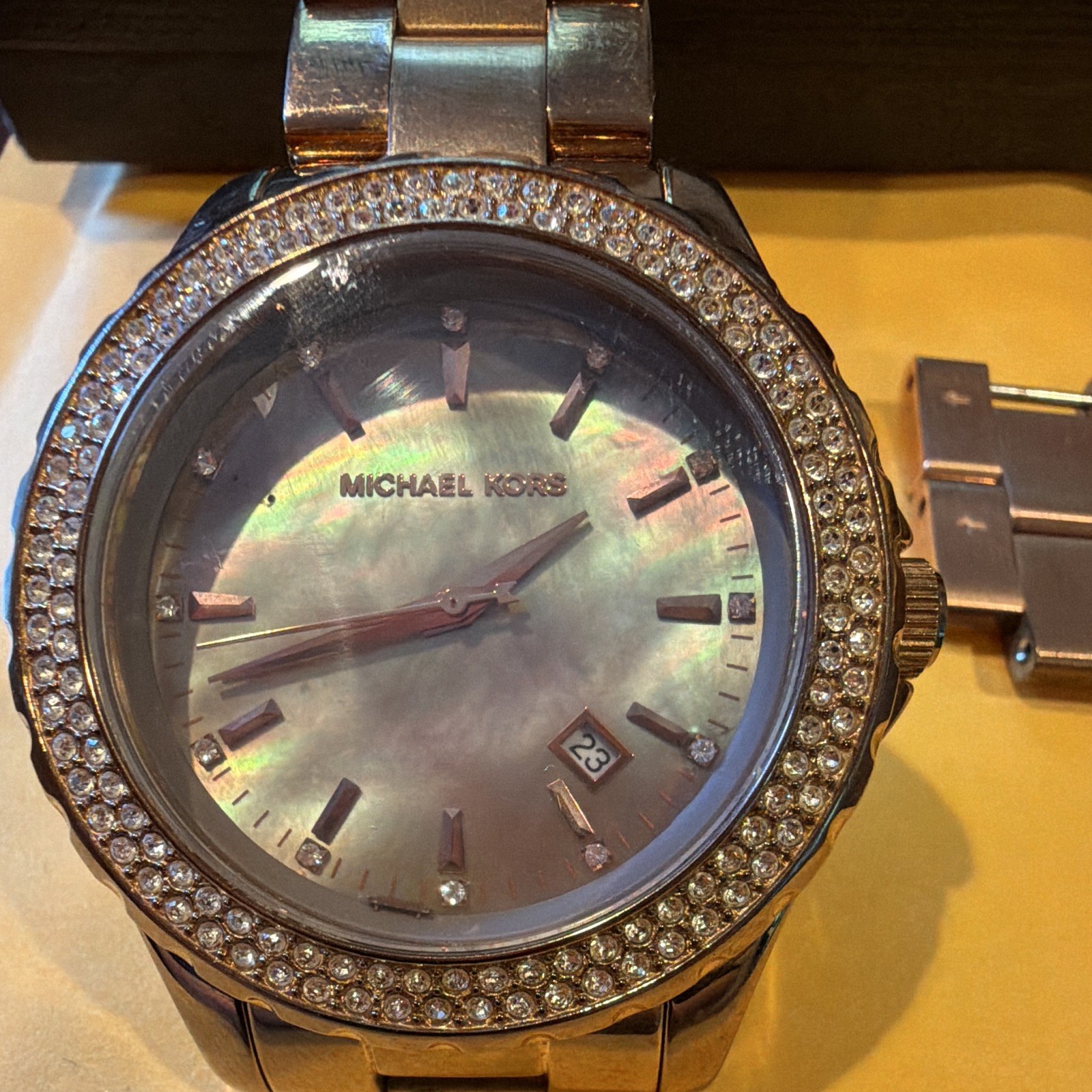 Michael Kors Rose Gold Mother of Pearl Dial Quartz Watch 100m Date Gem Bezel