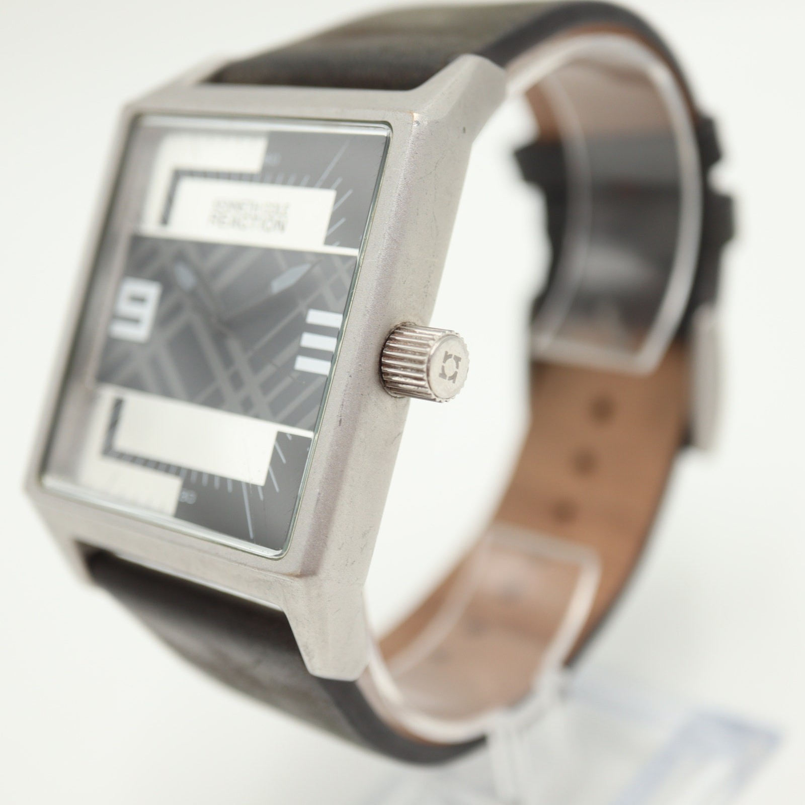 Kenneth Cole Reaction Mens 41mm Square Geometric Watch Black Leather New Battery