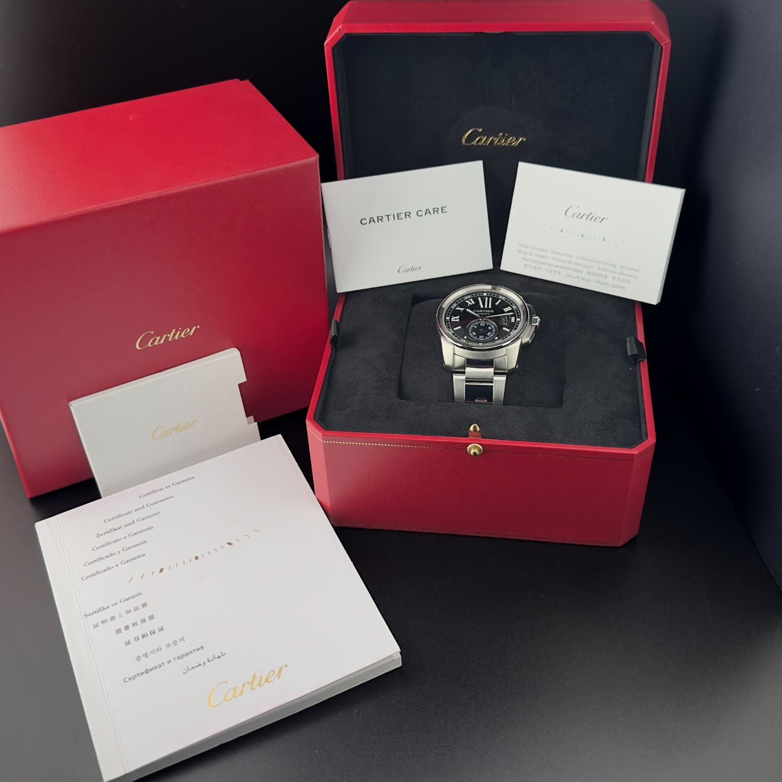 Cartier De Calibre 42mm Black Dial Steel on Bracelet 2017 W7100016 Full Set