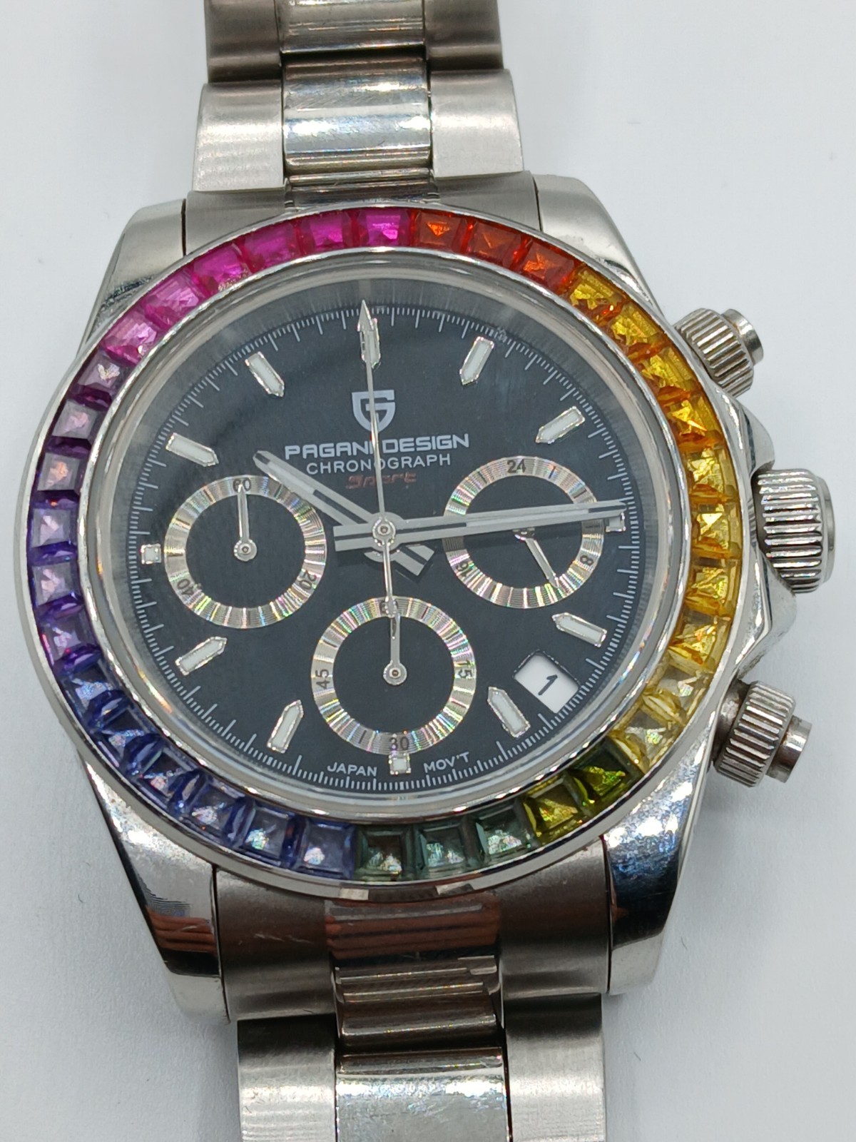 Pagani Design PD-1644 Rainbow Chronograph Quartz Black Dial 40mm Steel Bracelet