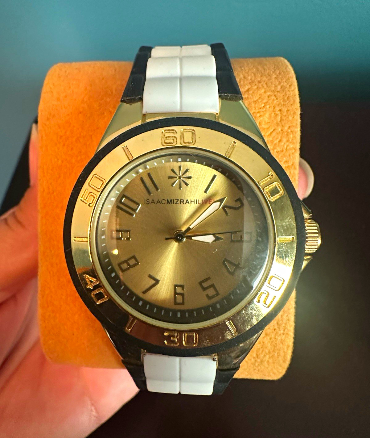 Isaac Mizrahi Live! Gold Tone Quartz Analog Watch White/Black Rubber Strap