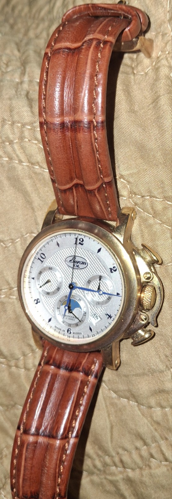 Buran Machanical Chronograph 25J Silver Dial Gold Case Brown Leather Strap 30m