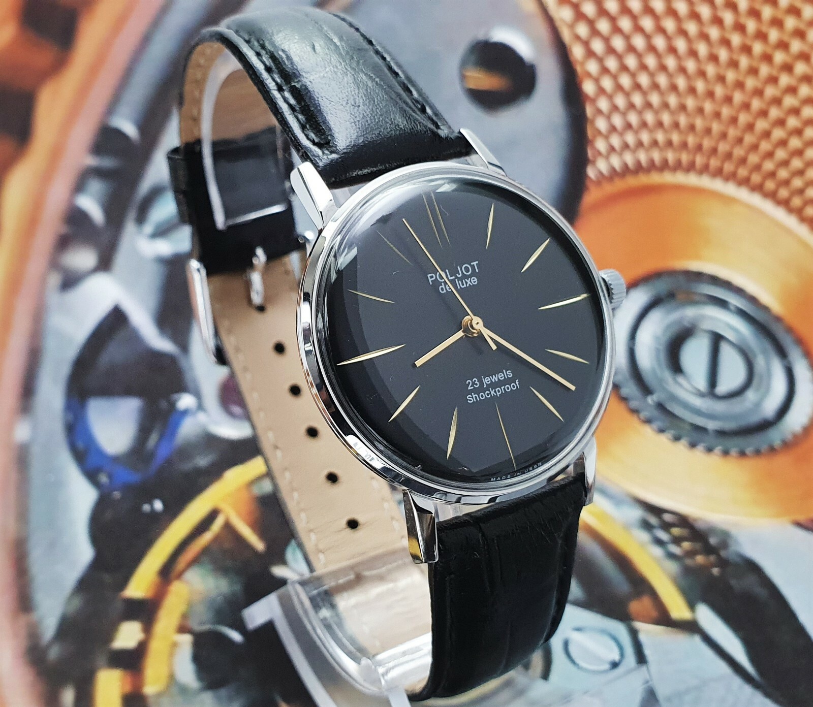 Vintage Watch Poljot De Luxe ULTRA SLIM Black Dial Dress Men’s WristWatch USSR