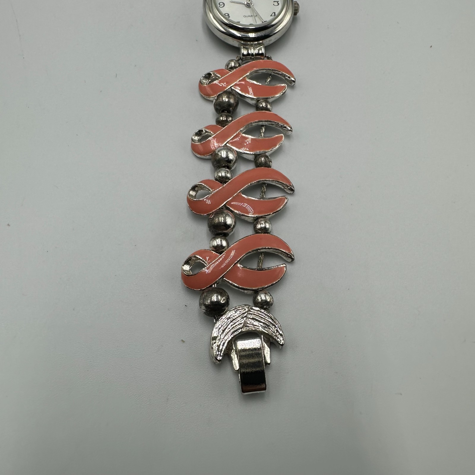 Vintage Jennie B Watch Breast Cancer Awareness Ribbon Band Silver Pink Works
