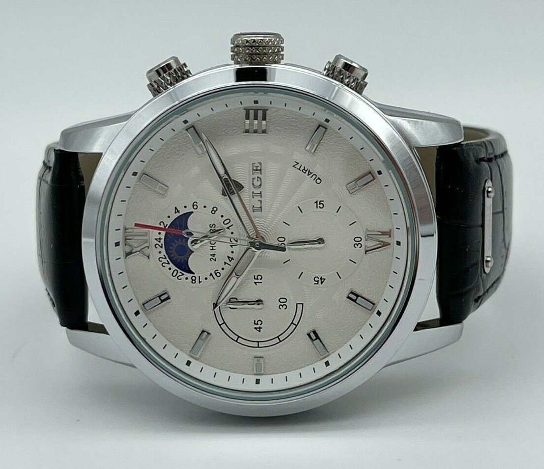 NEW Men’s LIGE Silver Tone Moonphase Chronograph Black Leather Dress Watch