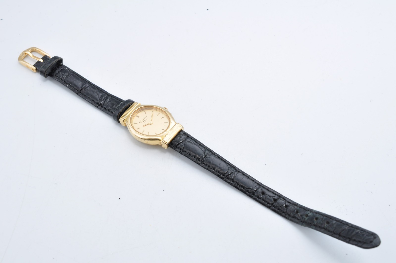 Christian Dior 3009 Watch Women Gold Tone Oval Dial Black Leather Auth w-1354