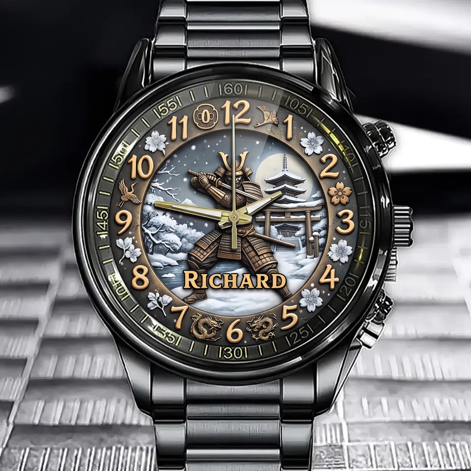 Personalized Japanese Samurai Design Watch – Custom Name Engraved Timepiece