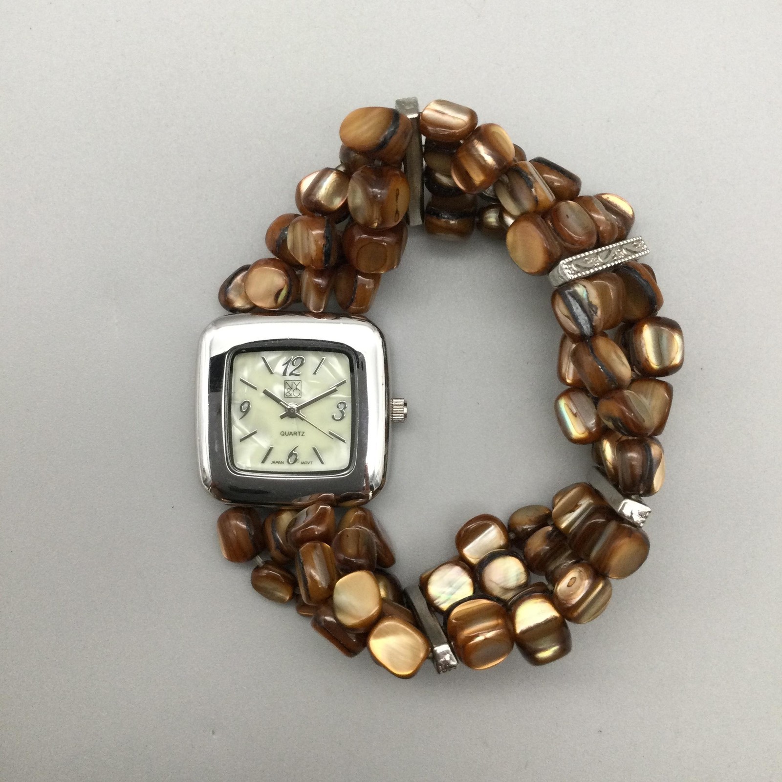 NY&C Womens Watch 28mm Silver Tone Brown Beaded Bracelet NY3168 New Battery