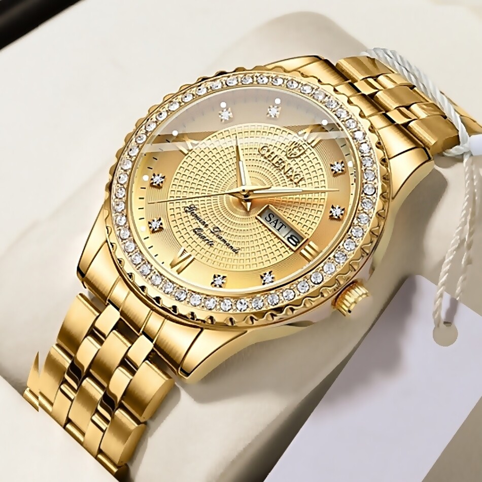 30m (3 atm) Water Resistance Gold Crystal Luminous Men/Woman Couple Quartz Watch