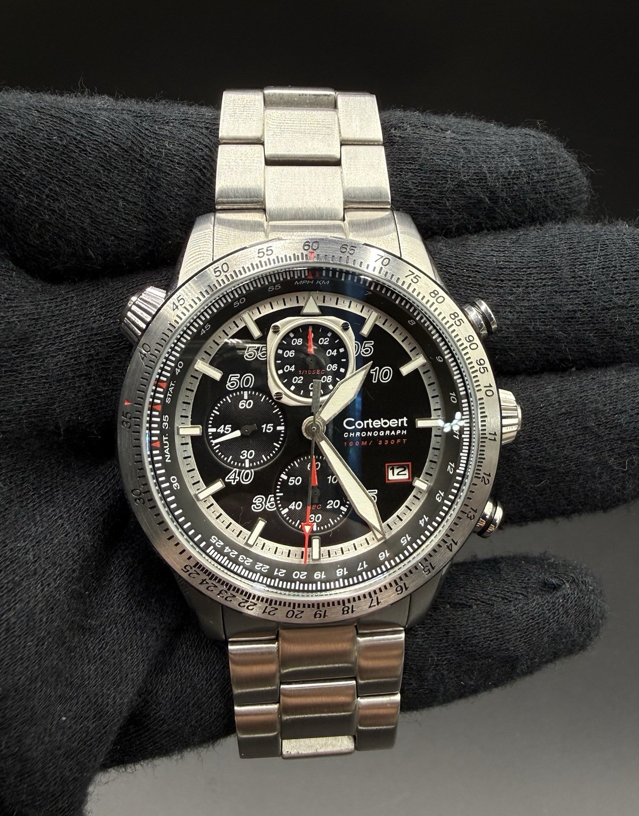 Cortebert Elevation Men’s 44MM Pilot Chronograph Date Watch CB-3003 Slide Rule