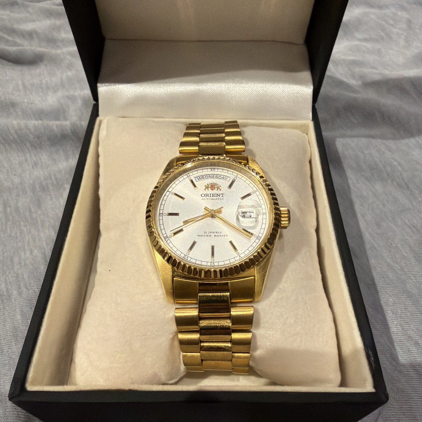 Orient President Automatic Day-Date White Dial Stainless Steel Watch NOS Rare