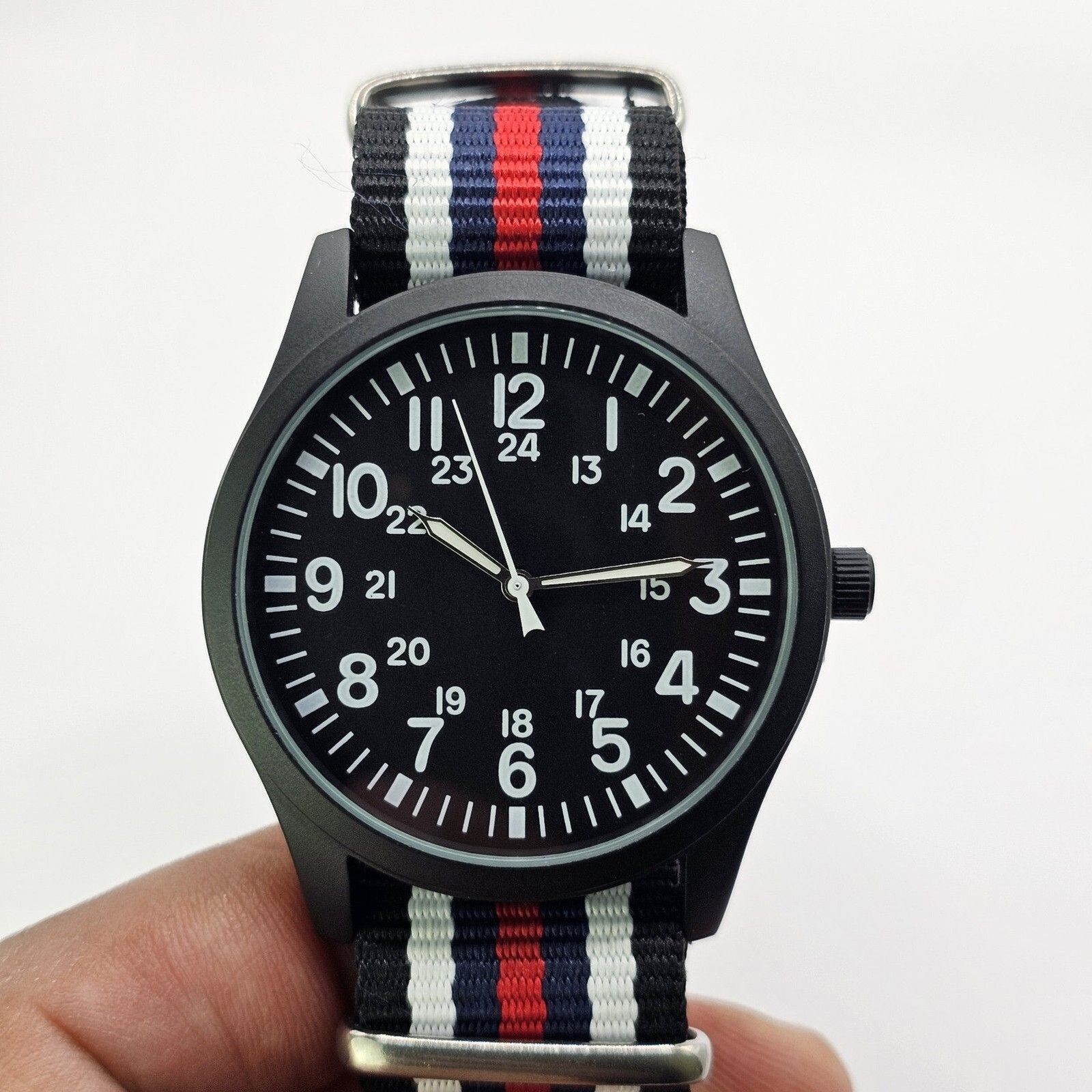Men’s Military Field Watch 42MM Black Case Black Dial Multicolor Canvas Band