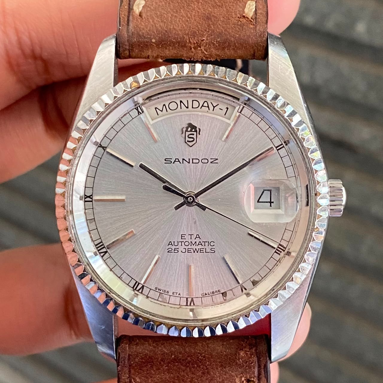 Rare Sandoz President Automatic ETA Swiss Day Date Silver Dial Watch Leather Men
