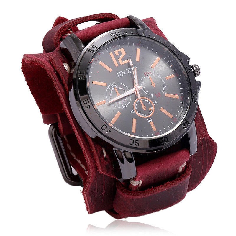 1Pcs Wide Leather Watch Cuff Band Brown Wrist Black Strap Punk Retro Quartz Mens