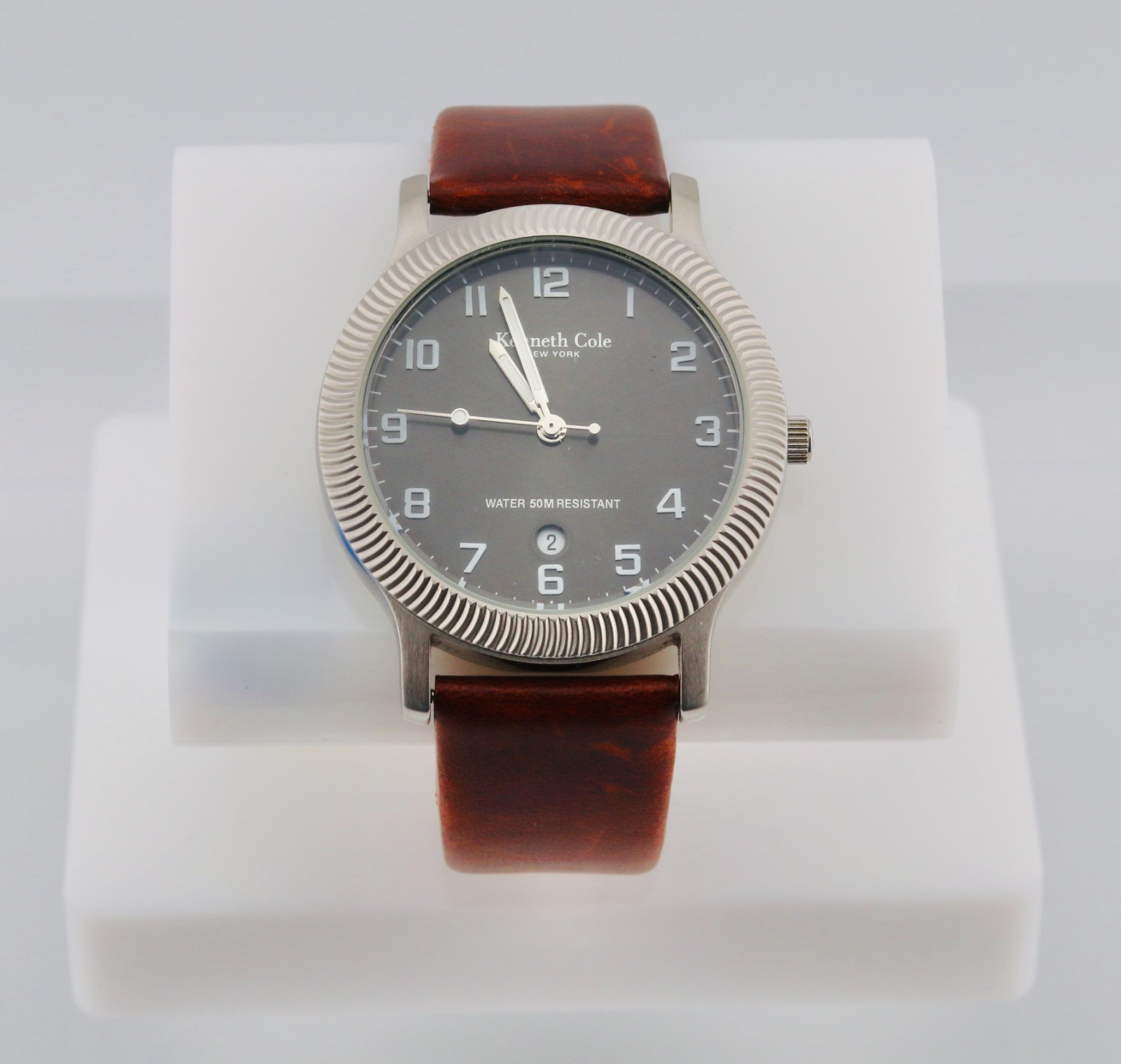 Kenneth Cole Gray Dial Brown Leather Men’s Watch Silver Case (143)