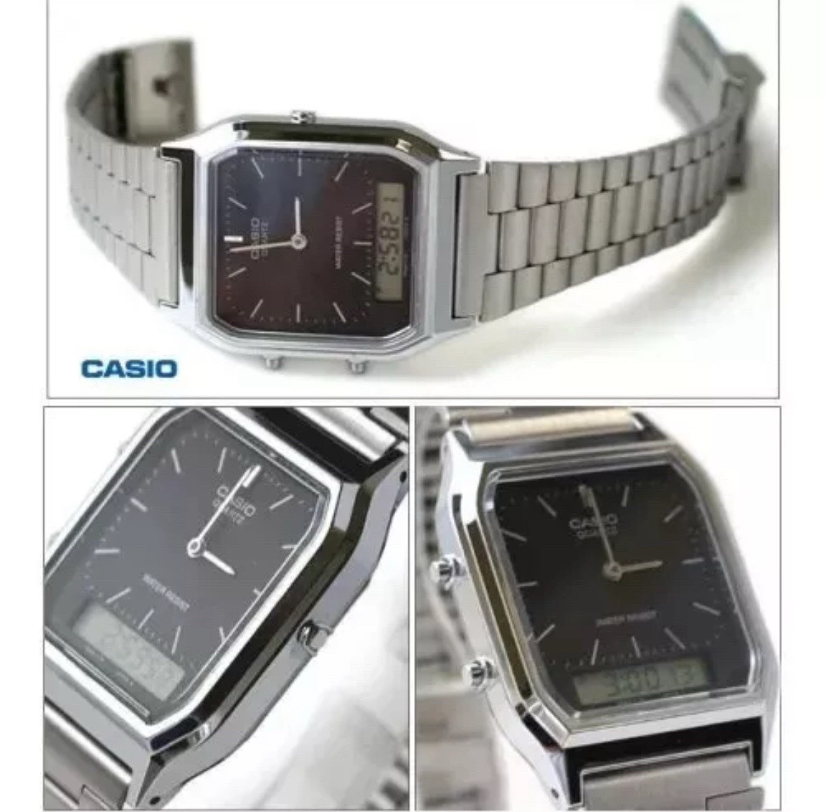 Casio AQ-230A Dual Time Silver Retro Stainless Steel Analog Digital Watch 38.8mm