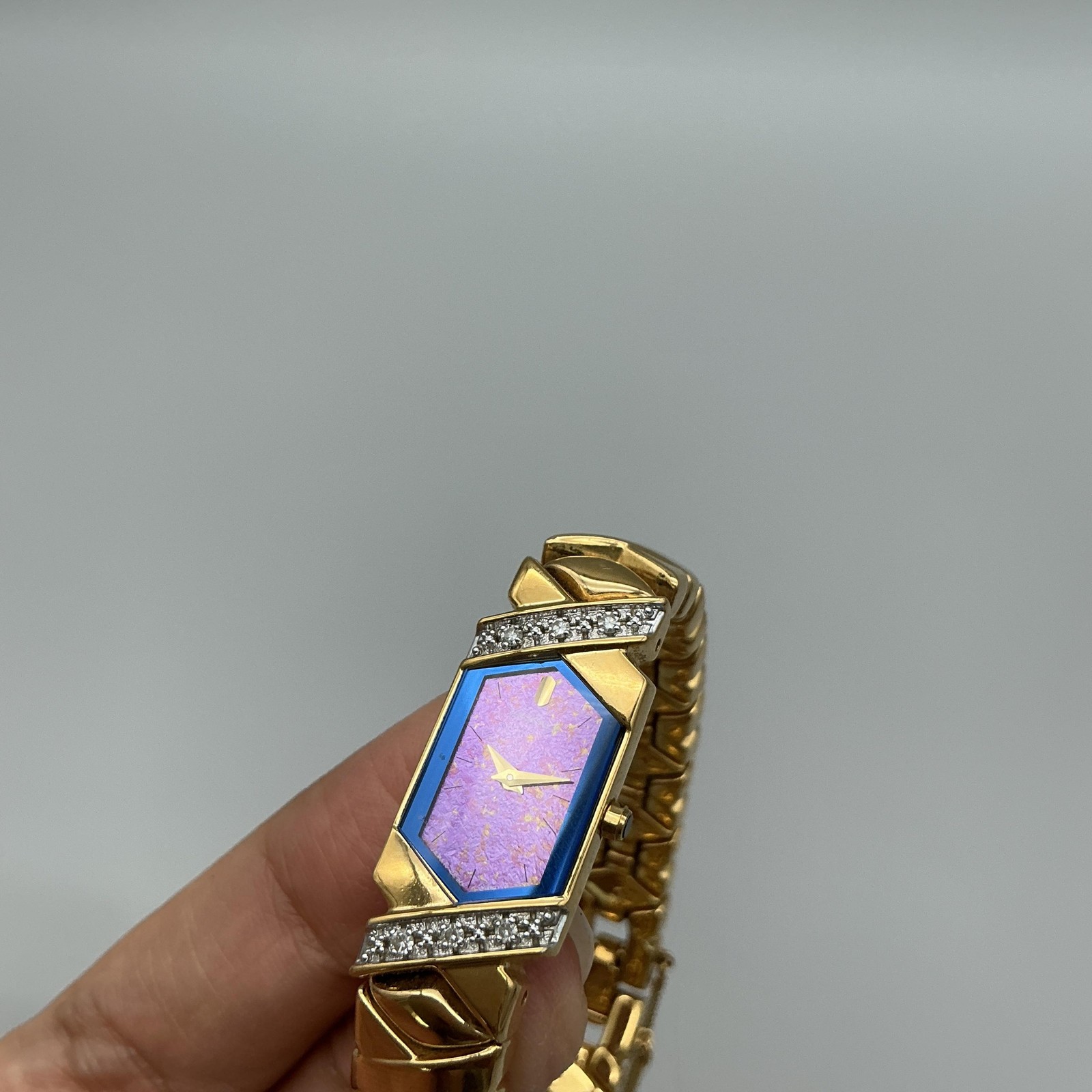Vintage Lassale Womens Watch 13mm Purple Dial Gold Tone Diamond New Battery 6.5″