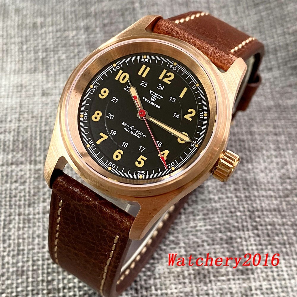 36mm 20ATM Tandorio Pilot Miyota 8215 Bronze Automatic Men Watch Green luminous
