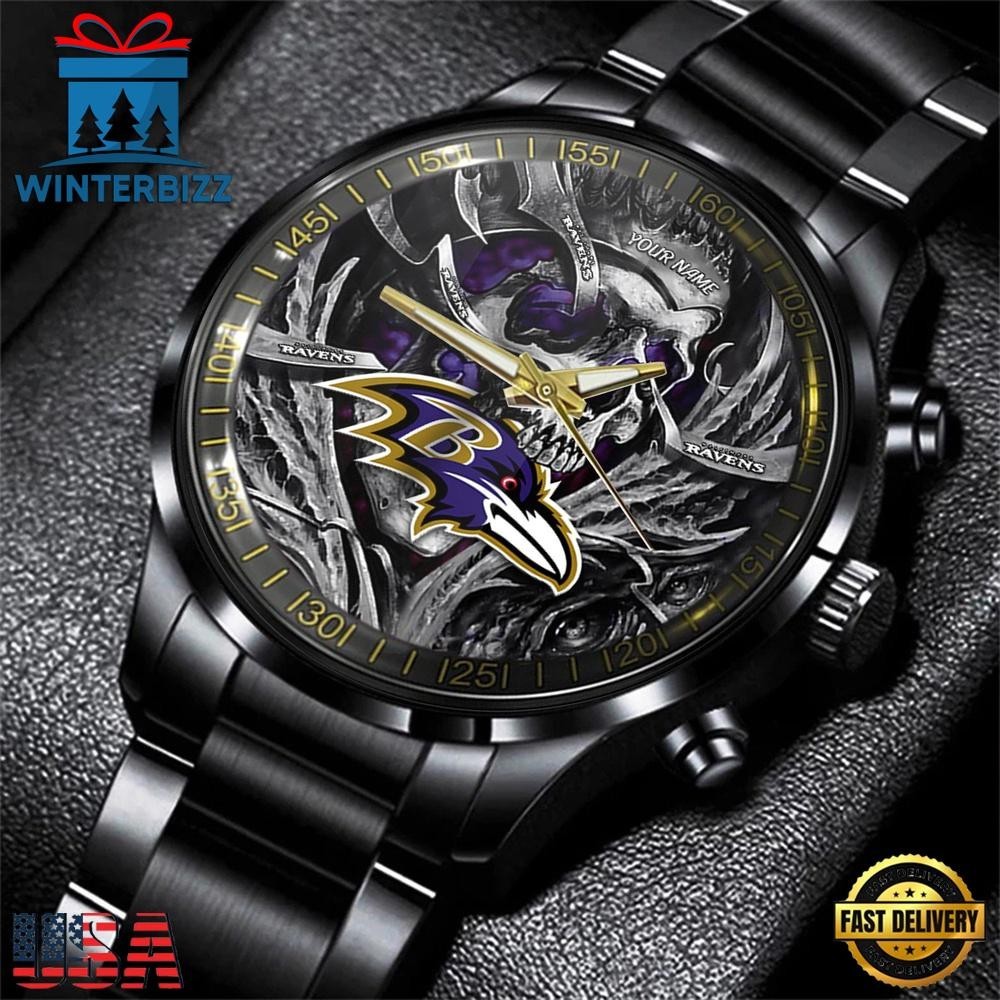 Custom Name Baltimore Football Team Ravenss Men Black Stainless Steel Watch