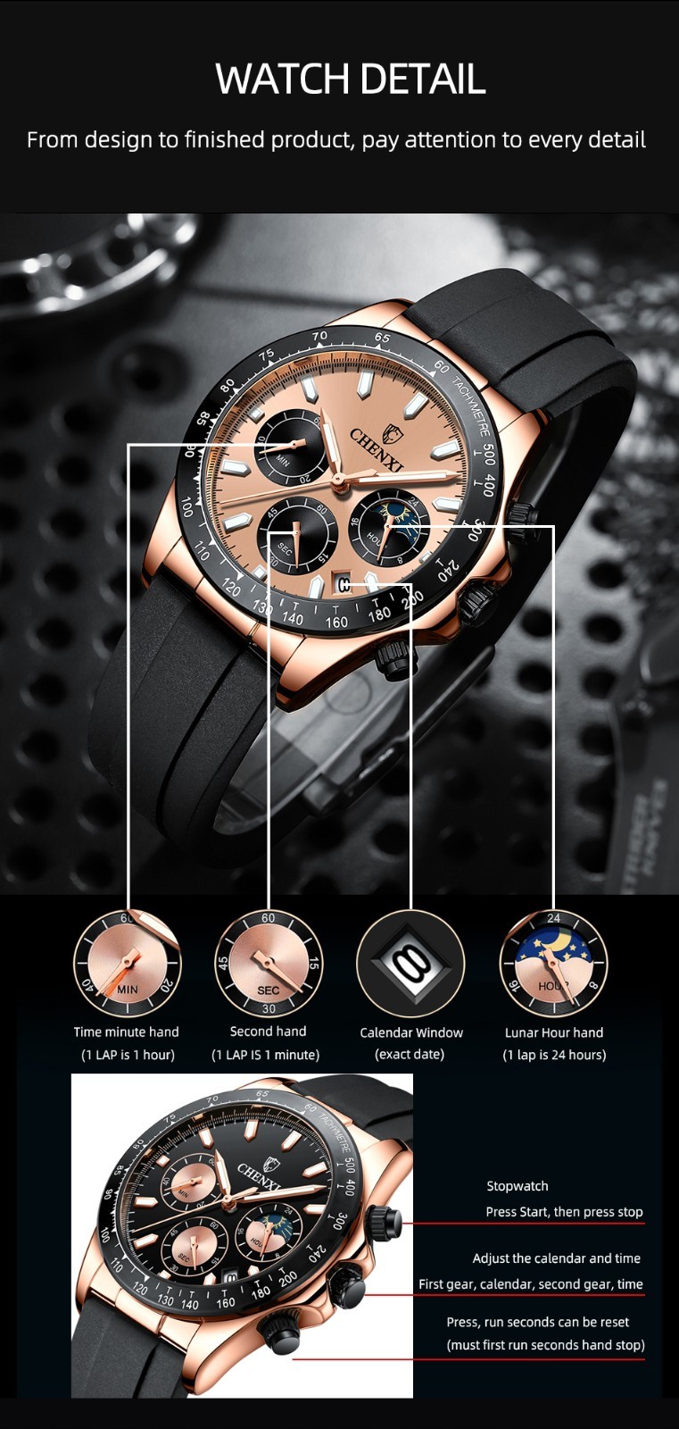 CHENXI Men’s Rose Luminous Calendar Chronograph Moon Phase Business Quartz Watch