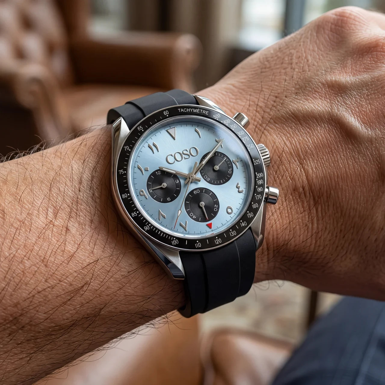 COSO Torvex Chronograph Watch Ice Blue Dial Eastern Arabic Black Rubber Strap