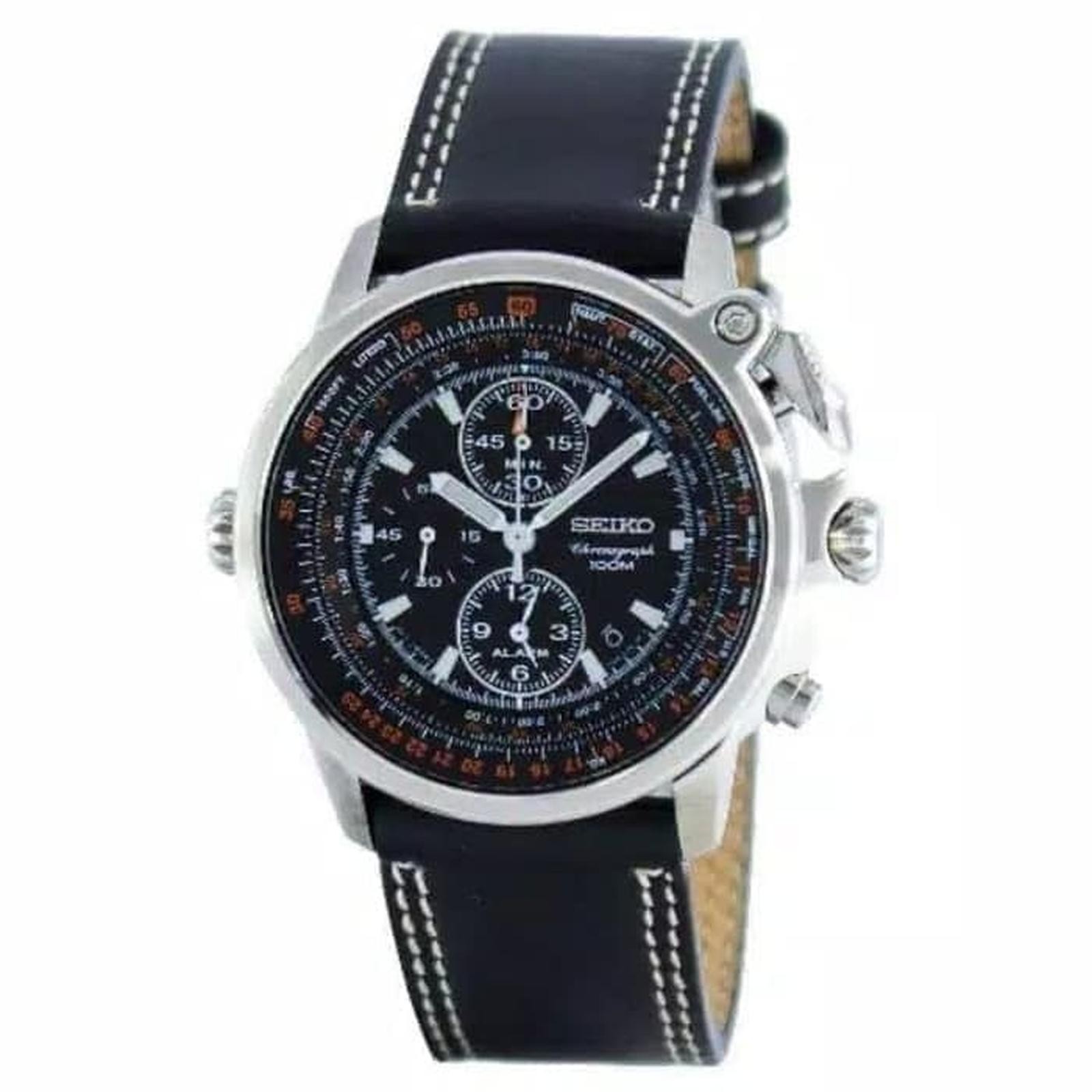 SEIKO Chronograph Pilot SNAB73P1 Flight Master Alarm Watch Quartz Leather 7T62